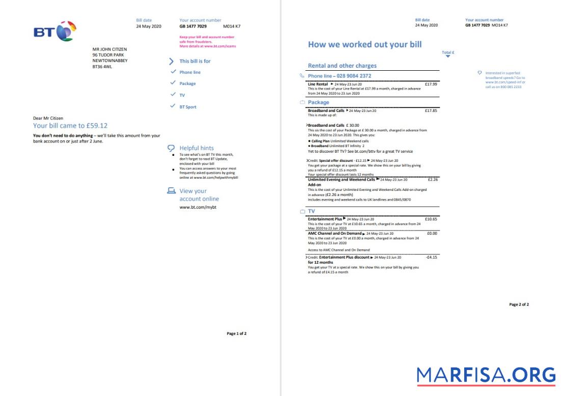 Downloadable United Kingdom BT utility bill template in Word and PDF format, 2 pages
